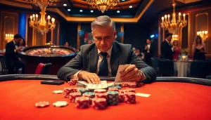 Engaged player at Nhà cái J88 casino table, analyzing poker strategy amidst vibrant atmosphere.