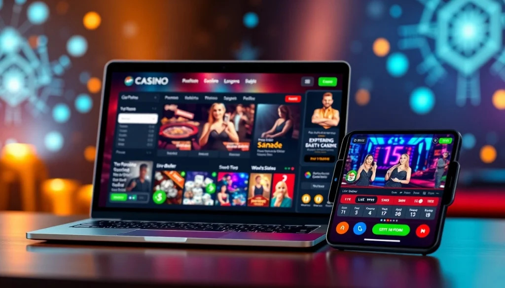 신뢰할 수 있는 카지노사이트의 특징을 강조하는 노트북과 스마트폰에서의 라이브 딜러 게임 플레이를 보여주는 매력적인 온라인 카지노 인터페이스.