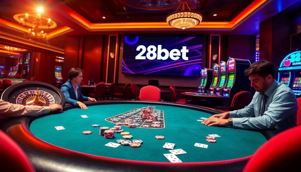 Engaged players at a 28bet poker table, showcasing high-stakes excitement in a luxurious casino setting.