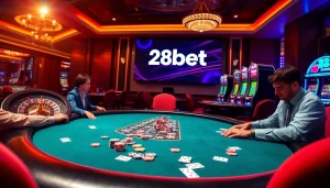 Engaged players at a 28bet poker table, showcasing high-stakes excitement in a luxurious casino setting.