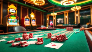 Exciting players engaging in the xx88 game at a vibrant casino table filled with cards and colorful poker chips.