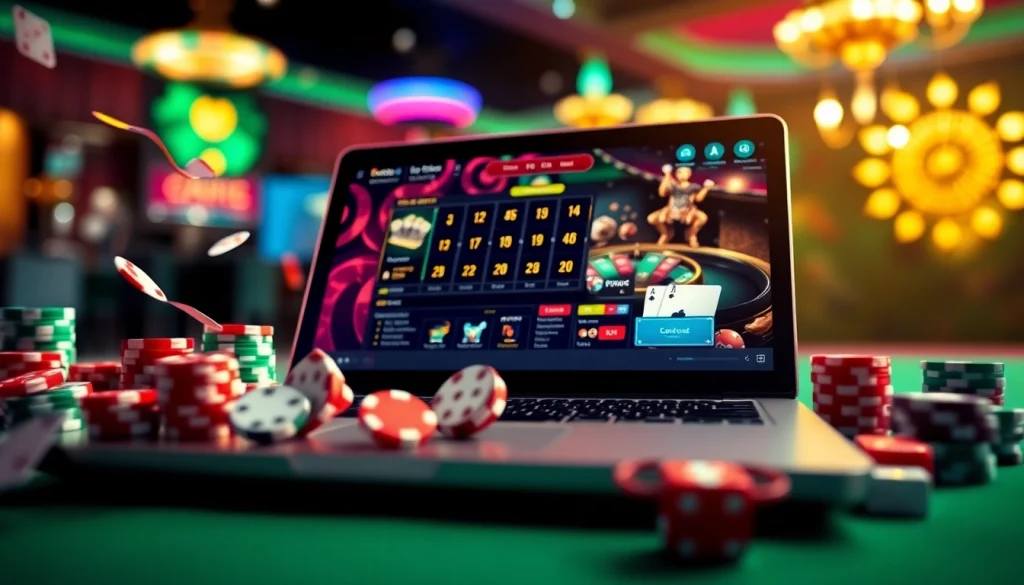Une scène de casino en ligne à enjeux élevés mettant en avant des jeux virtuels avec des jetons et des cartes.