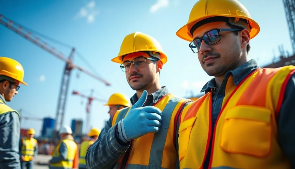 Construction site safety practices illustrated with workers in safety gear and equipment.