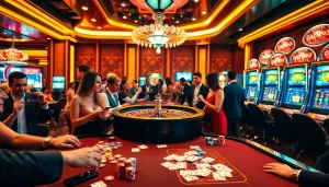 Vivez une atmosphère de casino en ligne exaltante avec des tables vibrantes et des joueurs enthousiastes dans le luxe.