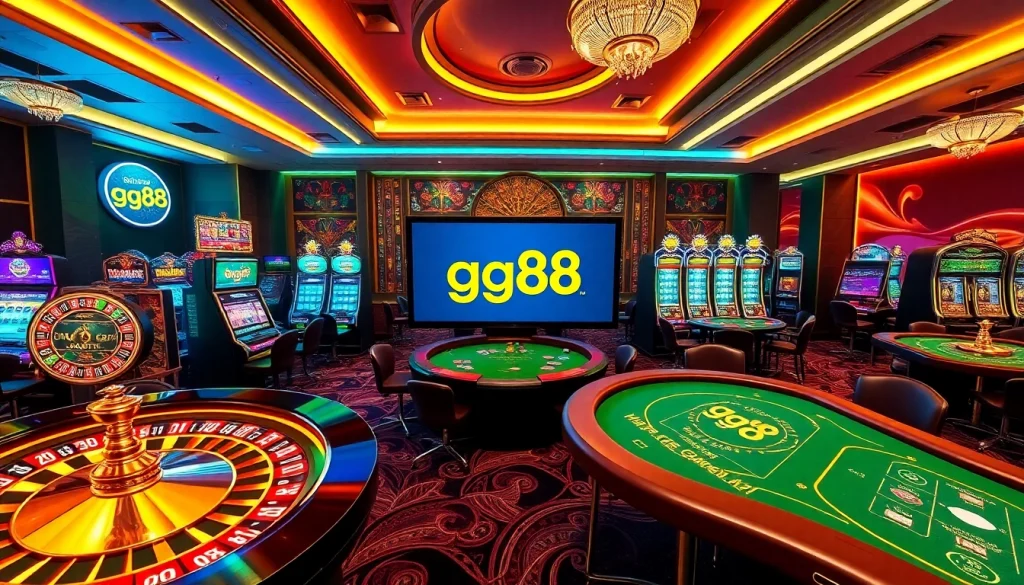 A vibrant casino ambiance showcasing roulette and digital features, highlighting https://gg88.gold/ for engaging gamblers.