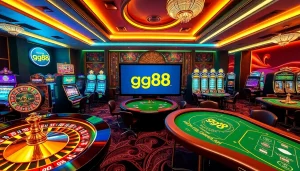 A vibrant casino ambiance showcasing roulette and digital features, highlighting https://gg88.gold/ for engaging gamblers.