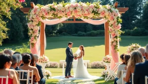 Wedding photographer capturing an outdoor ceremony with floral arrangements and joyous couples.