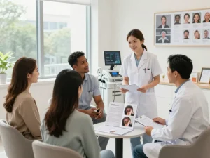 自毛植毛おすすめ口コミ＆評判情報【ショクコミ】 多様な患者が現代的な育毛クリニックで歓迎されている雰囲気でプロの医療スタッフと相談している様子。