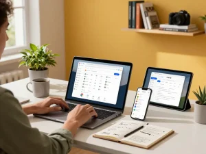 Seamless browsing experience with 谷歌浏览器 on multiple devices in a modern workspace.
