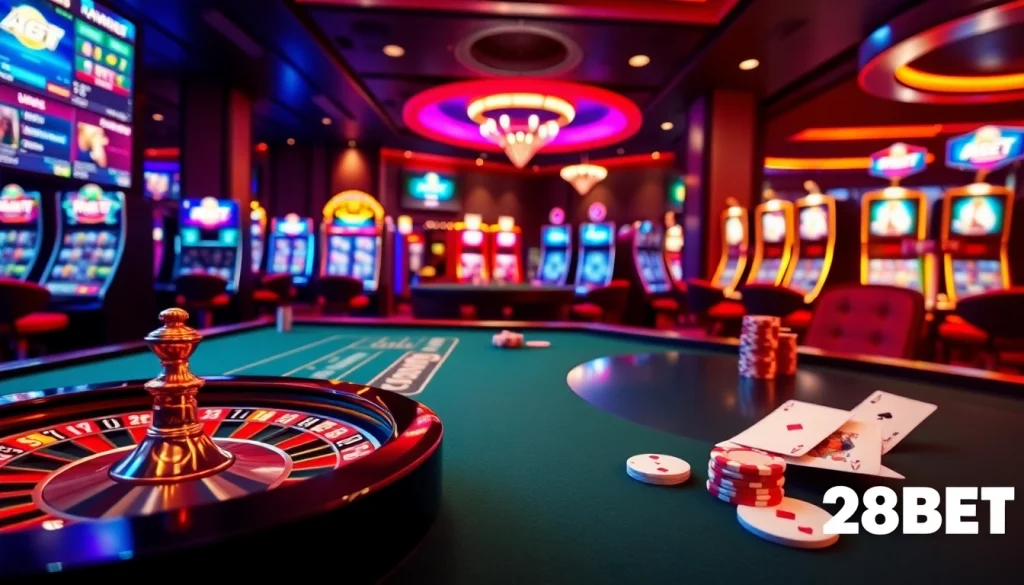 Experience the thrill of 28BET at a luxurious casino table filled with vibrant poker chips.