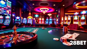 Experience the thrill of 28BET at a luxurious casino table filled with vibrant poker chips.