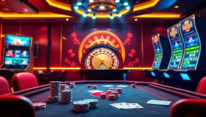 Experience the excitement of xin88 with a luxurious casino scene featuring vibrant tables and digital betting.