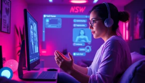 Engaging scene of a user interacting with a vibrant NSFW AI girlfriend in a futuristic setting.