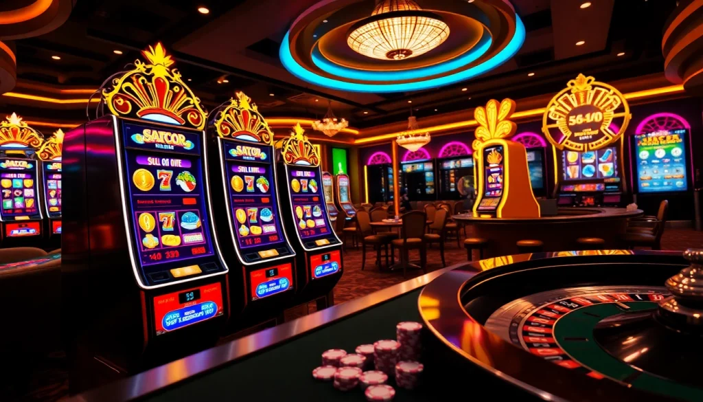 Experience slot gacor excitement at a vibrant casino with cheerful players and bright slot machines.