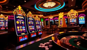 Experience slot gacor excitement at a vibrant casino with cheerful players and bright slot machines.