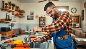 Handyman repairing a sink in a bright living room, showcasing expert craftsmanship.