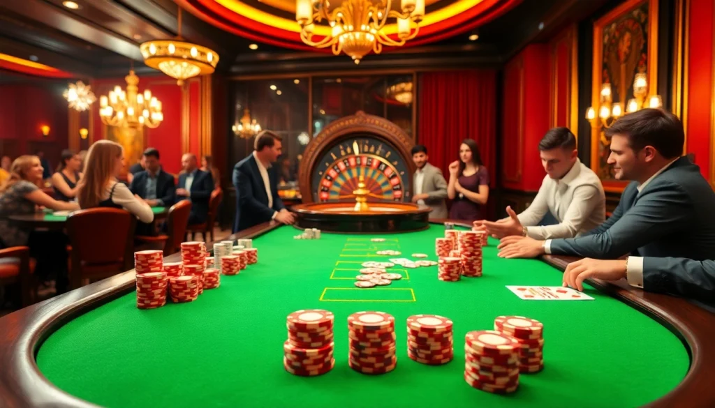 Players engaging at f168 com poker table, surrounded by chips and a roulette wheel.