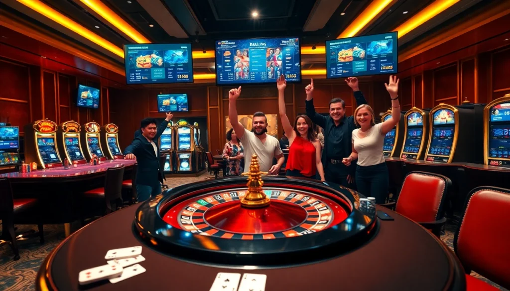 Experience the excitement of Nhà cái F168 with a vibrant roulette table and players celebrating wins.