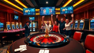 Experience the excitement of Nhà cái F168 with a vibrant roulette table and players celebrating wins.