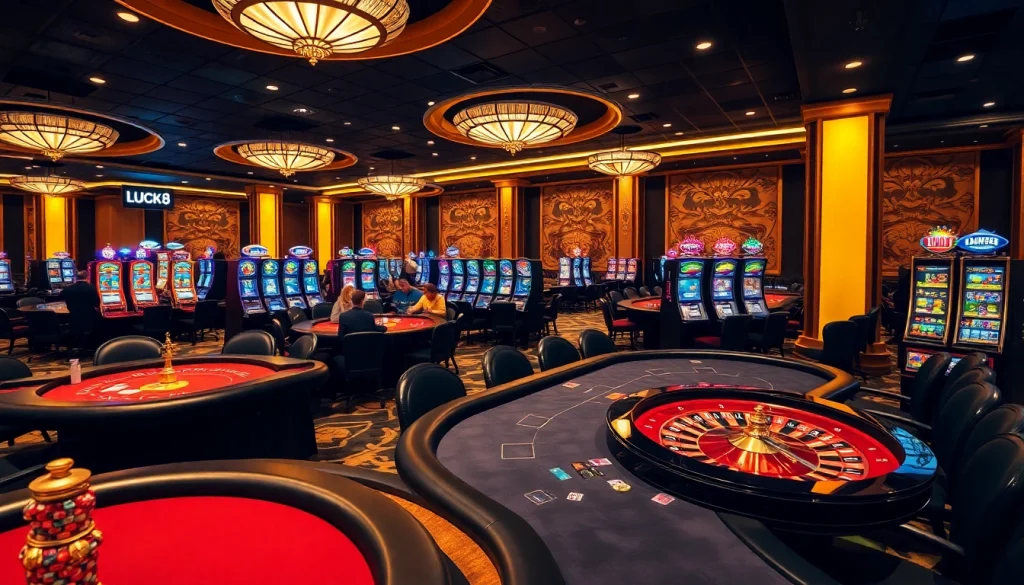 LUCK8 casino experience showcasing luxurious tables and vibrant slot machines in an exciting atmosphere.