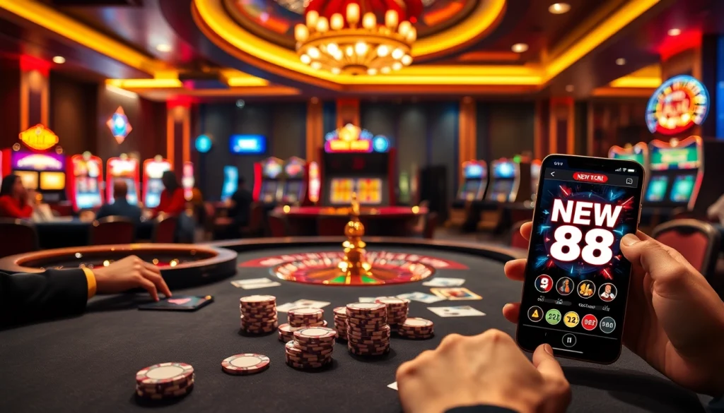 Experience the excitement of NEW 88 with a hands-on poker session at an elegant casino table, highlighted by vibrant colors and luxurious elements.