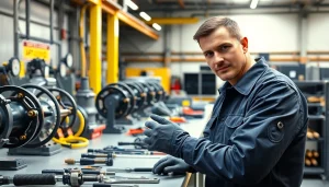 Performing hydraulic system maintenance, a technician inspects components in a workshop.