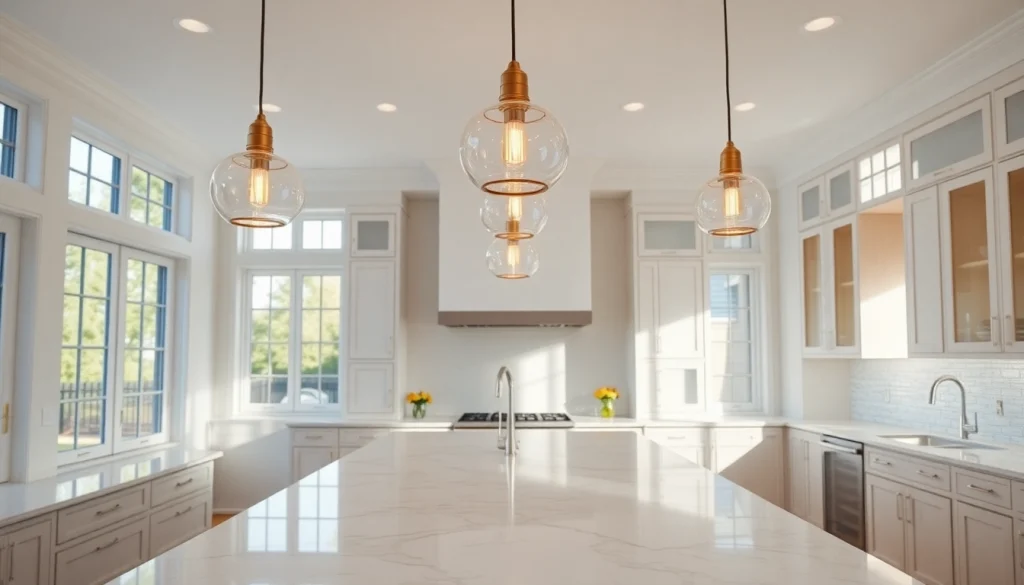 Bright island light fixtures illuminate a modern kitchen, enhancing its stylish ambiance.