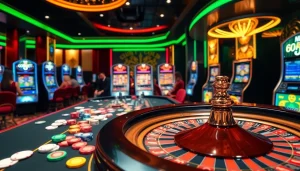 Experience the excitement of gambling with link mới nhất f8bet at a vibrant casino table featuring roulette, chips, and cards.