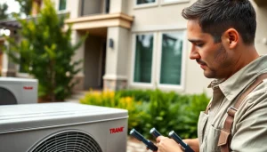 Technician installing trane heat pumps in a modern home for optimal efficiency.