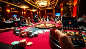 KJC poker scene showcasing high-stakes play with vibrant casino elements and luxurious ambiance.