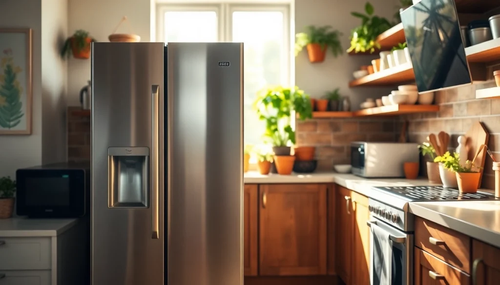 Showcasing modern home appliances in a stylish kitchen setting with a stainless-steel refrigerator.