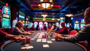 Mainkan hoki77 di meja blackjack yang meriah, menampilkan pemain yang bersemangat.