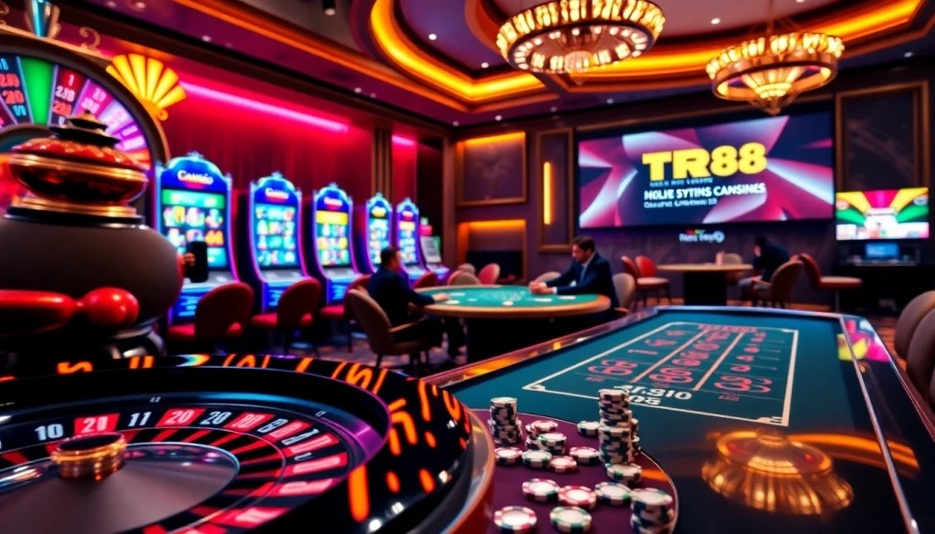 A vibrant gaming scene featuring TR88 logo with players engaged in baccarat and a spinning roulette wheel.