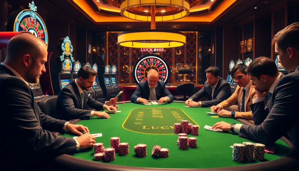 LUCK8 players enjoy high-stakes poker in an upscale, vibrant casino setting.