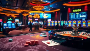 Experience thrilling gameplay at RR88's casino with vibrant roulette and poker tables.
