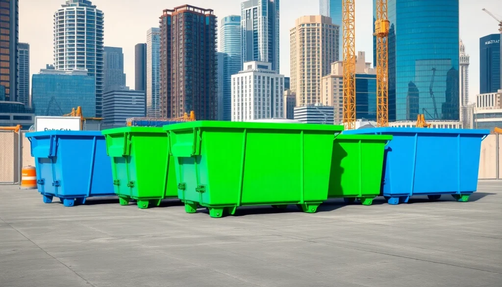 Efficient roll off bins in a modern urban construction site with a vibrant skyline.