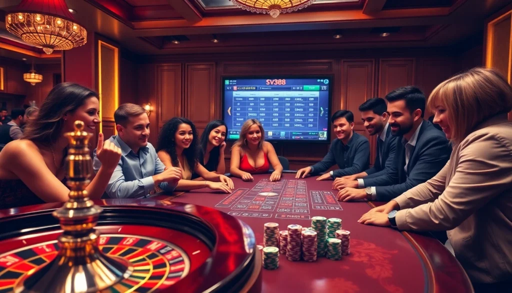 Exciting casino atmosphere at sv388 showing roulette, poker chips, and engaged players.