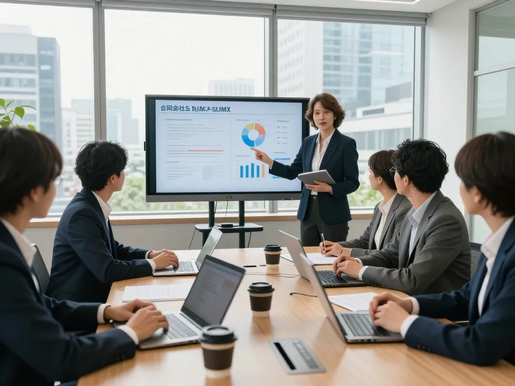 現代のオフィスでの合同会社SUMXの戦略会議、コラボレーションとイノベーションを展示。