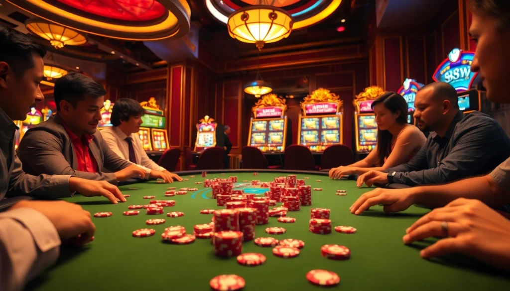 The excitement of players competing at the poker table in 98win casino.