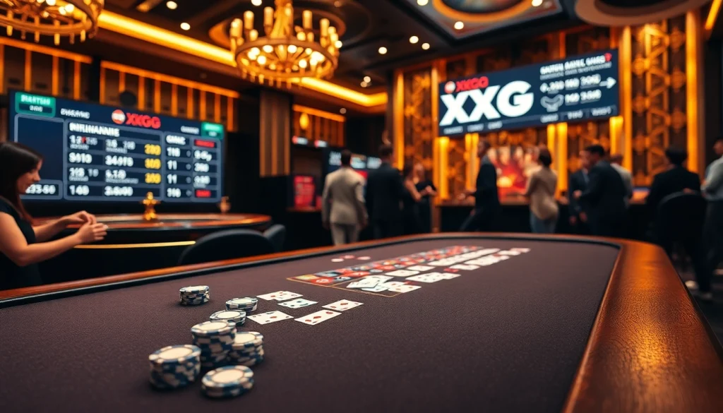 Experience high-stakes gaming at XXGG with vibrant casino visuals showcasing excitement and professionalism.
