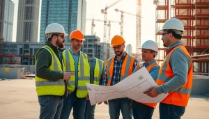 Construction association members collaborating on a project, demonstrating teamwork in a professional atmosphere.