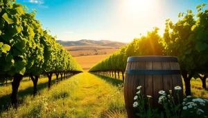 Explore the beauty of Clarksburg wineries through a vibrant vineyard scene featuring lush grapevines.