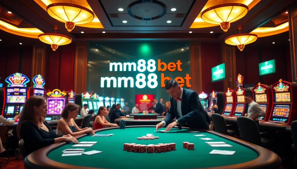 Experience the excitement of mm88bet with a vibrant casino scene filled with games and eager players.