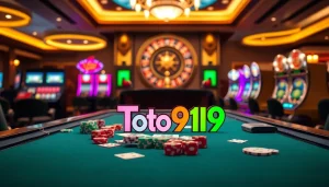 Toto919 vibrant casino scene showcasing poker chips, dice, and an elegant roulette wheel.