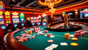 Scène excitante d'un casino en ligne mettant en vedette des jetons de poker colorés, une roue de roulette et des joueurs animés.