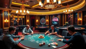 Players enjoying poker at DH88's luxurious casino, surrounded by chips and a roulette wheel.