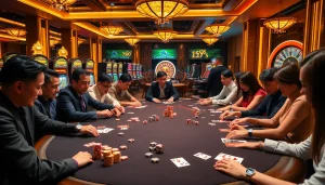 Gamblers enjoying a thrilling poker game at Liên minh KJC's luxurious casino setting.