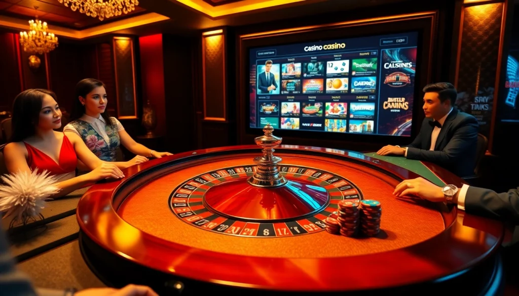 Joueurs profitant d'une expérience de casino en ligne vibrante avec une table de roulette et une atmosphère luxueuse.