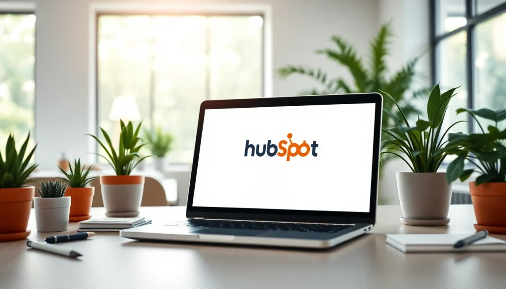 Showcase hubspot crm free on a laptop in a vibrant office environment, encouraging productivity.