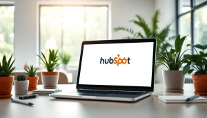 Showcase hubspot crm free on a laptop in a vibrant office environment, encouraging productivity.